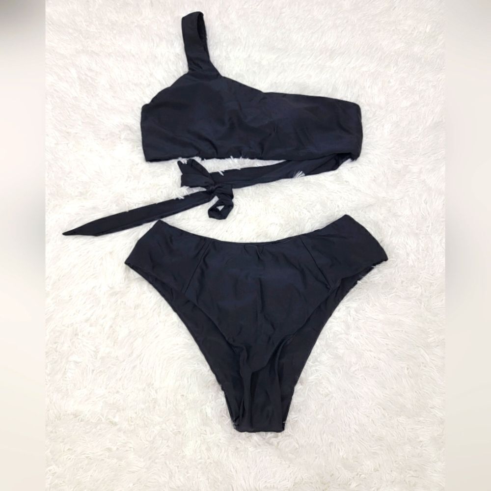 Swimsuit One Shoulder High Waist Solid Black Bikini Side Tie Top Size M & L